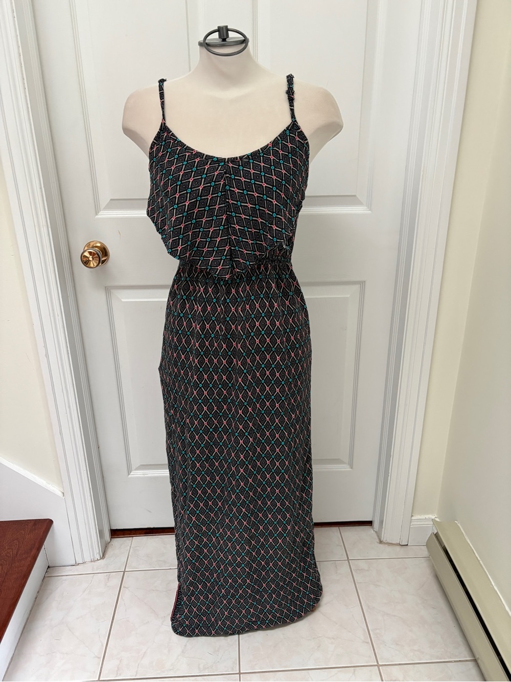 Ardene Black Maxi Dress with Teal and Pink Diamond Print